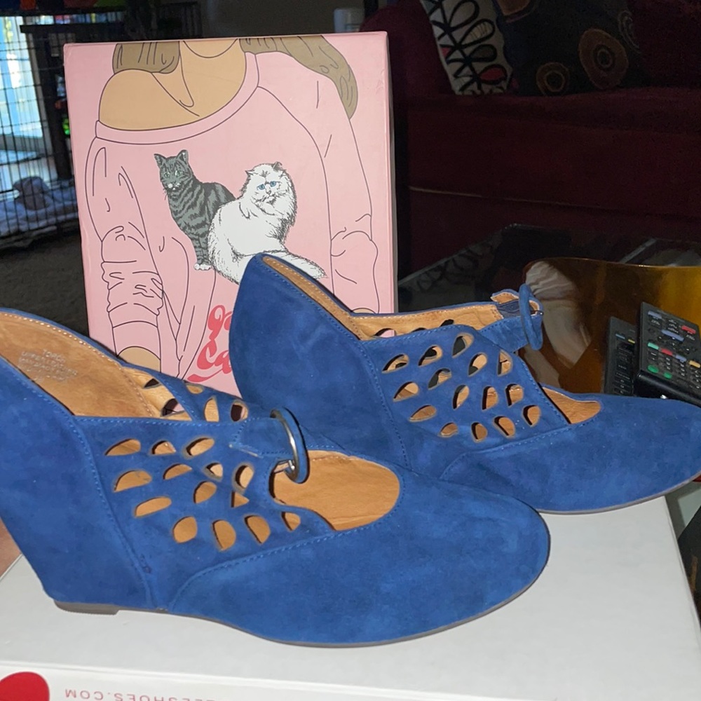 Blue suede wedges